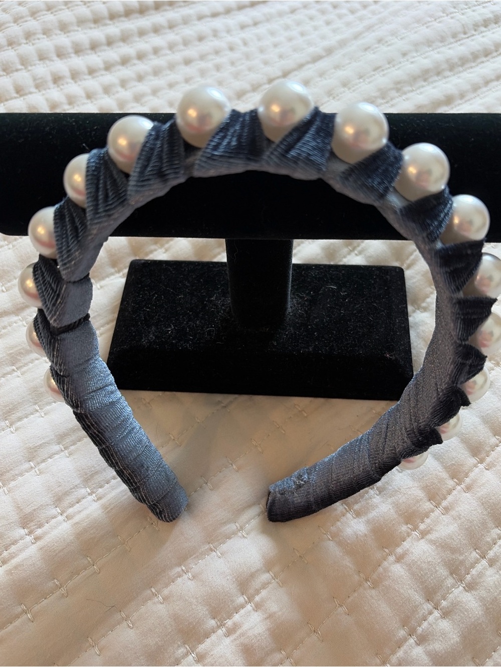 Large Pearl and Blue Velvet Wrapped Headband Flexible Soft and Comfortable